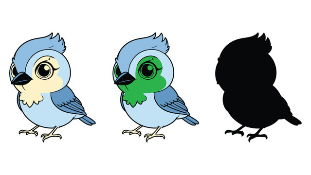 Blue bird vector illustration with different color variations and silhouette