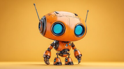 Adorable orange robot with large blue eyes, antennas, and a circular head, posed against yellow background