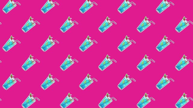 Vibrant seamless looping background animation featuring a repeating pattern of blue summer cocktails with lime and mint on a hot pink backdrop. Ideal for party, bar, and tropical vacation themes.