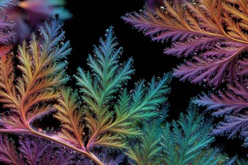 Colorful fractal leaves display intricate patterns and vibrant hues in abstract design