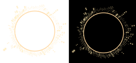 Gold glittering round frame with shining light effects. Luxury round frame with sparkles and magic bokeh dust on dark and transparent backgrounds