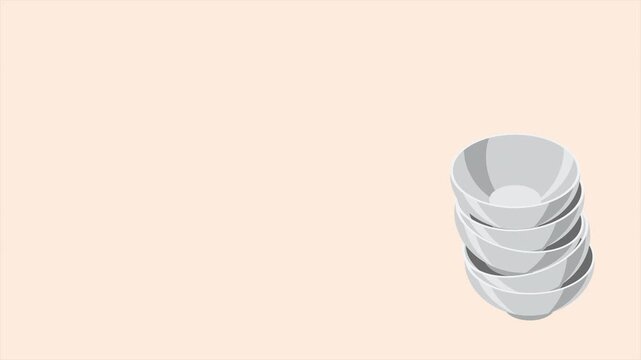 Isometric bowls animation. Empty bowls. Isometric cutlery. Isometric tableware. 4K video animated in isometric style