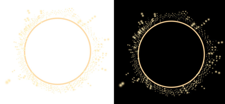 Gold glittering round frame with shining light effects. Luxury round frame with sparkles and magic bokeh dust on dark and transparent backgrounds