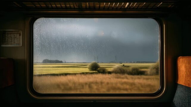 Rain drops on train window with storm clouds over open fields and blurred bushes under moody sky in countryside landscape view
