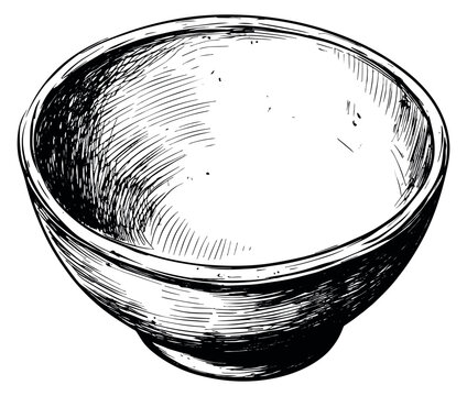 Hand drawn line art illustration of a bowl depicting an empty kitchen utensil for culinary or tableware design