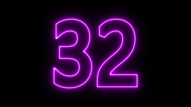 glowing neon text 32 number countdown icon. flickering neon number 32 on black background.