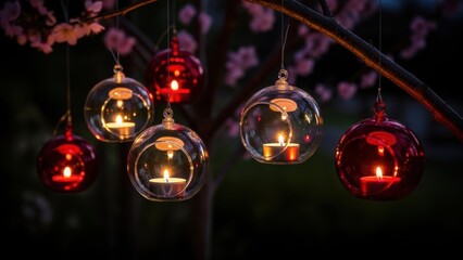 Glowing glass ornaments with candles hanging from blooming tree branch