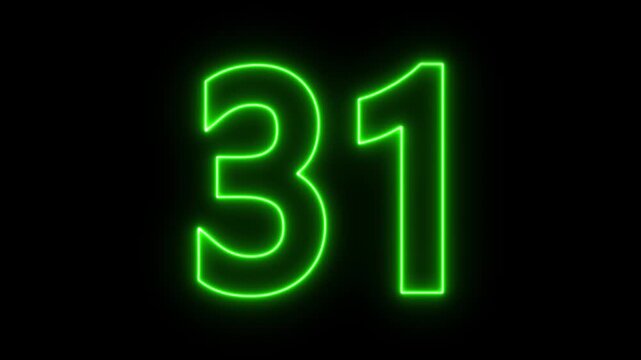 glowing neon text 31 number countdown icon. flickering neon number 31 on black background.