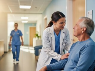 Compassionate doctor assisting senior patient in hospital corridor