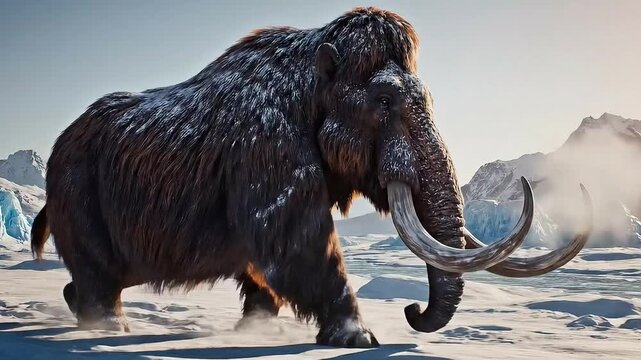 Woolly mammoth walking on frozen landscape with ice mountains, realistic 3D illustration of prehistoric extinct animal in ice age environment

