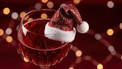 Festive holiday cocktail with Santa hat and red wine