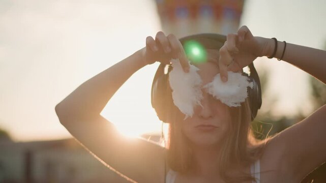 Playful candy portrait, Closeup of woman making cotton candy shapes during sunset festival, Intimate festival image capturing woman crafting playful cotton candy figures against sunset glow