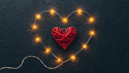Romantic red heart with string lights on dark background