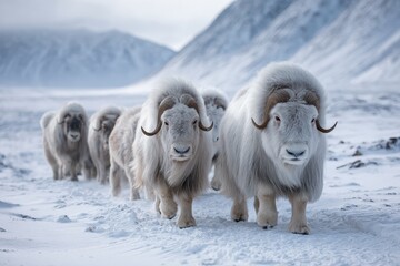 Herd of muskoxen walking through snowy landscape in remote Arctic region during winter season