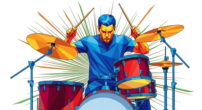 Energetic Drummer Playing Drum Set.