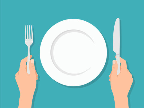 An overhead vector illustration captures the anticipation of dining as hands grasp a fork and knife beside an empty white plate on a vibrant teal surface