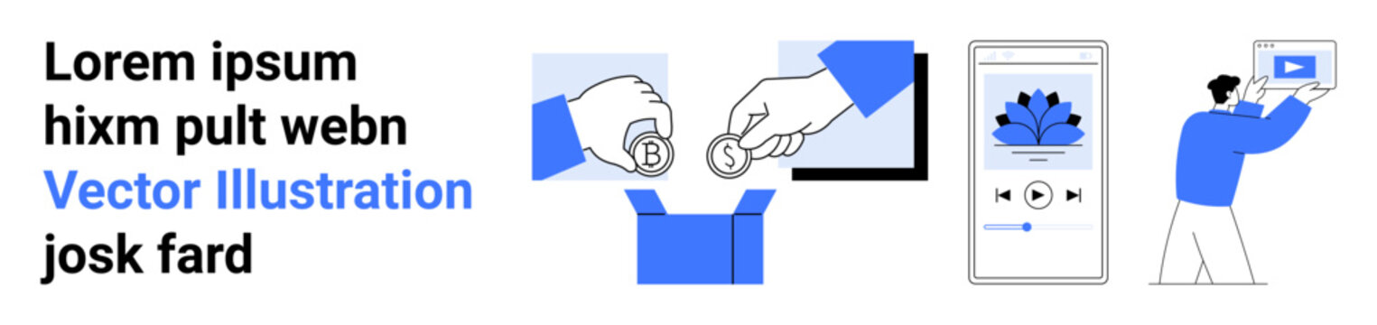 Hand dropping coin in box, mobile app music player, person placing framed content. Ideal for finance, charity, mobile apps, music, content creation, digital communication simple landing page