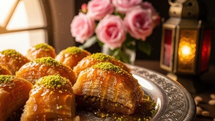 Delicious baklava pastry with honey and pistachios on silver plate
