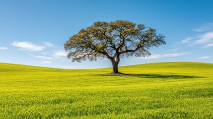 Solitary Tree Stands Prominently in Vibrant Green Field Under Clear Blue Sky On Sunny Day