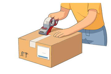 Person sealing a cardboard box with tape