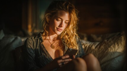 Effortless style and connectivity: modern home living vibe. Editorial style. Serene afternoon: soft textures and technological engagement. Commercial image. Product showcase.