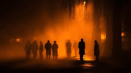 Silhouetted figures in trench coats and fedoras, walking under the orange glow of streetlights at night