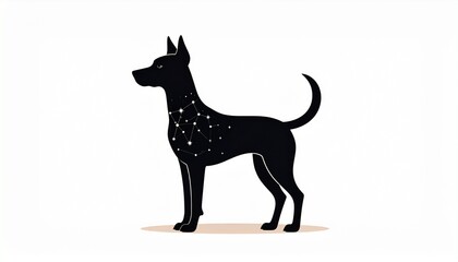 Black silhouette dog with glowing constellation stars, minimalist cosmic pet art, night sky theme