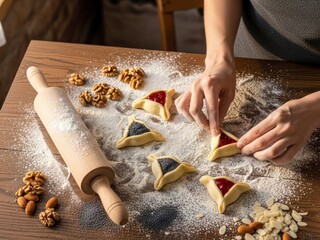 Woman baking Purim cookies. Preparing hamantaschen with poppy seed and berry filling for Jewish holiday celebration. Traditional homemade pastry.