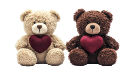 Valentine teddy bears holding hearts, love concept, isolated on transparent background