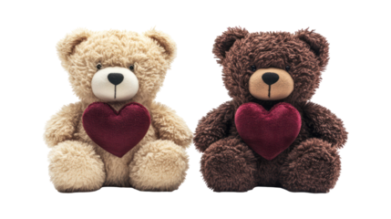 Valentine teddy bears holding hearts, cute couple, love, soft toys, plush, isolated on transparent background