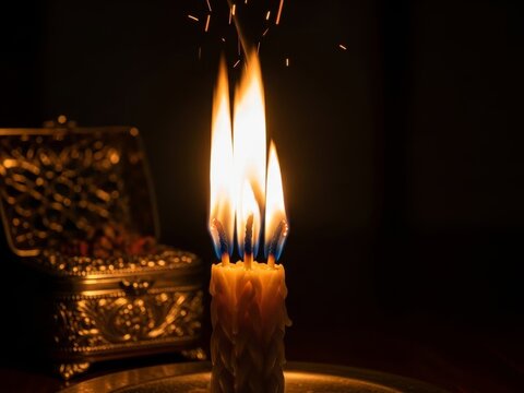 A beautiful multi-wick Havdalah candle burning next to an ornate silver spice box in a dark setting. This marks the end of the Jewish Sabbath. Warm glowing light and spiritual atmosphere.