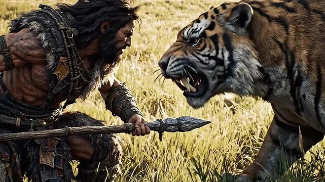 Prehistoric caveman warrior confronting saber-toothed tiger with spear in hand, intense survival scene in ancient wilderness

