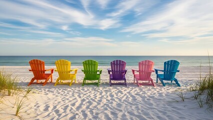 Vibrant beach scene with colorful chairs on sandy shore by calm sea