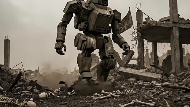 A powerful, armored bipedal robot traverses a desolate, ruined landscape under an overcast sky. The massive machine, designed for heavy-duty tasks or advanced operations, moves with a purposeful strid