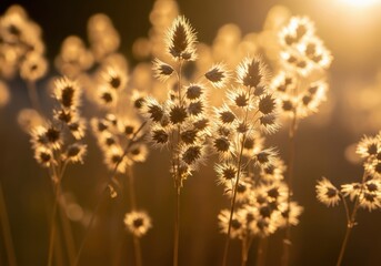Obraz premium Abundant seed heads and dried ornamental grasses catching the low golden sunlight during the early autumn transition, crisp, wispy, autumn