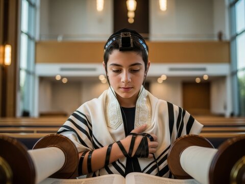 Young Jewish boy in tallit and tefillin reading from the Torah in a synagogue. Ideal for religious education, Bar Mitzvah invitations, cultural articles, and Jewish community newsletters.