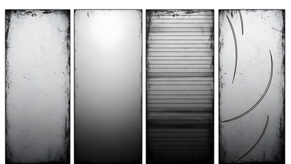 A grayscale image of four vertical panels with varying textures and patterns showcasing a range of light and dark shades and gradients