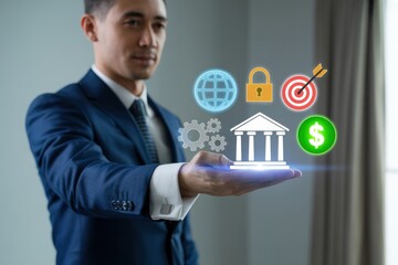 A businessman in a blue suit holding his hand out with various financial and security icons floating above it.