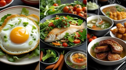 Food collage showcasing a variety of nutritious meals, including fried egg, fish with fresh vegetables, hot soups, and grilled steak. Ideal for concepts of healthy eating, balanced diet and nutrition.