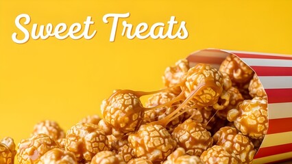 Delicious caramel popcorn spilling out of a striped container against a bright yellow background, perfect for movie nights and snack lovers