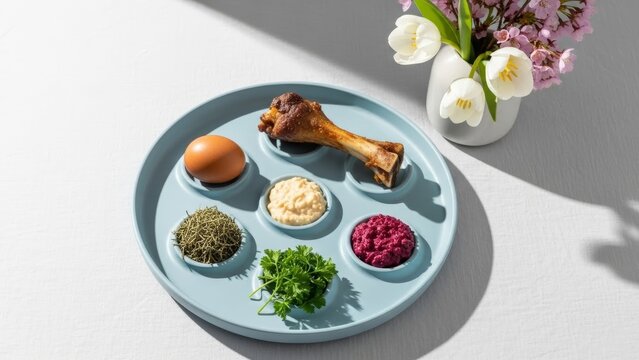 Modern minimalist Passover Seder plate with symbolic foods and spring tulips. Ideal for Jewish holiday greetings, Pesach educational content, and religious celebration themes. 