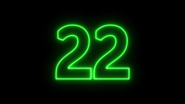 flickering neon number 22 on black background. glowing neon text 22 number countdown icon.
