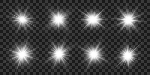 Png white star light powered by sun and layered sunlight rays. Intense sparkle and sparks form a dynamic starburst with lens flare. Dramatic illumination spreads on background. Vector illustration. © dedstock