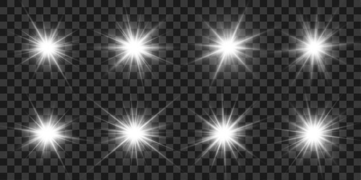 Png white star light inspired by sun and smooth sunlight rays. Soft sparkle and sparks generate starburst with light leaks. Artistic glow effect enhances the scene. Vector illustration.