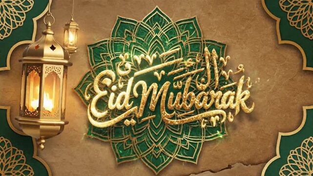 Eid Mubarak written in golden script over a green floral design with lanterns