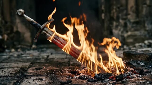 A powerful and dramatic close-up shot of an ancient, battle-worn sword plunged into a bed of glowing embers, with vibrant orange and yellow flames intensely flickering around its metallic blade. Smoke