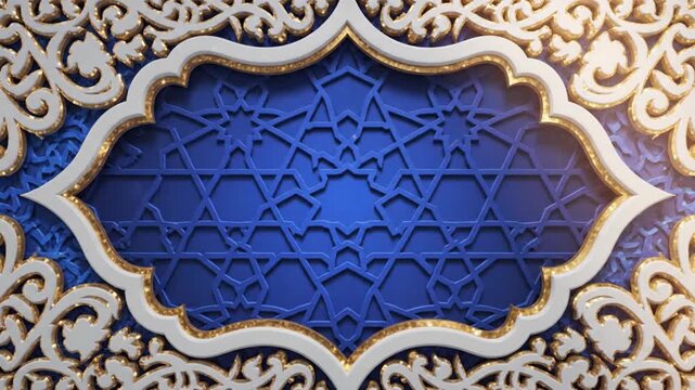 Elaborate ornamental pattern with blue geometric center bordered by white  gold flourishes