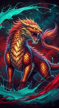 Dazzling Vibrant Nian Beast in Intense Rhythm Oil Painting Splattered with Electric Teal and Crimson