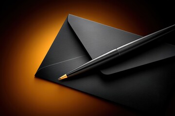 Black envelope with pen close up of elegant black envelope holding a sleek pen suggesting correspondence or official documents
