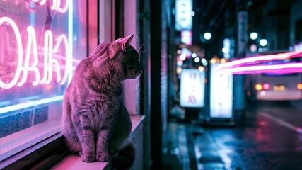 A domestic feline rests on a neon-lit windowsill, observing the vibrant and blurred cityscape at night. The scene is bathed in the captivating glow of pink and blue neon lights, casting a futuristic a
